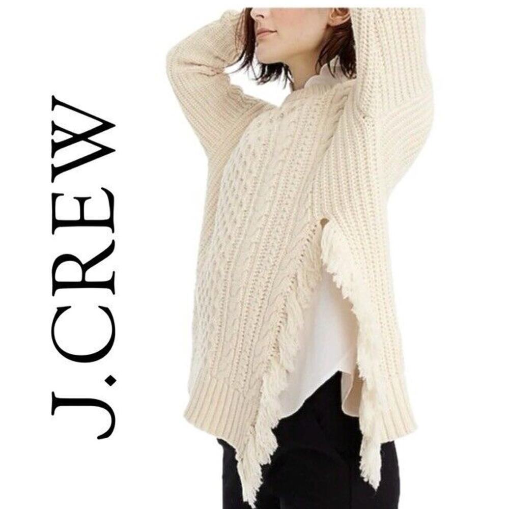 J.CREW SWEATER‎ ASSYMETRIC CABLE KNIT FRINGE CHUNK SIZE XS TAN GRANOLA CORE